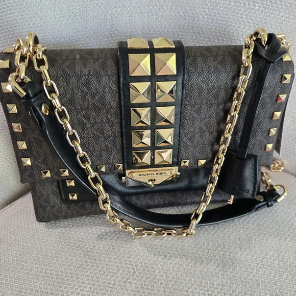 Michael Kors | Bags | Michael Kors Sylvie Gold Stud Large  Michael Kors Tan and Black Satchel with Gold Studs main image 1